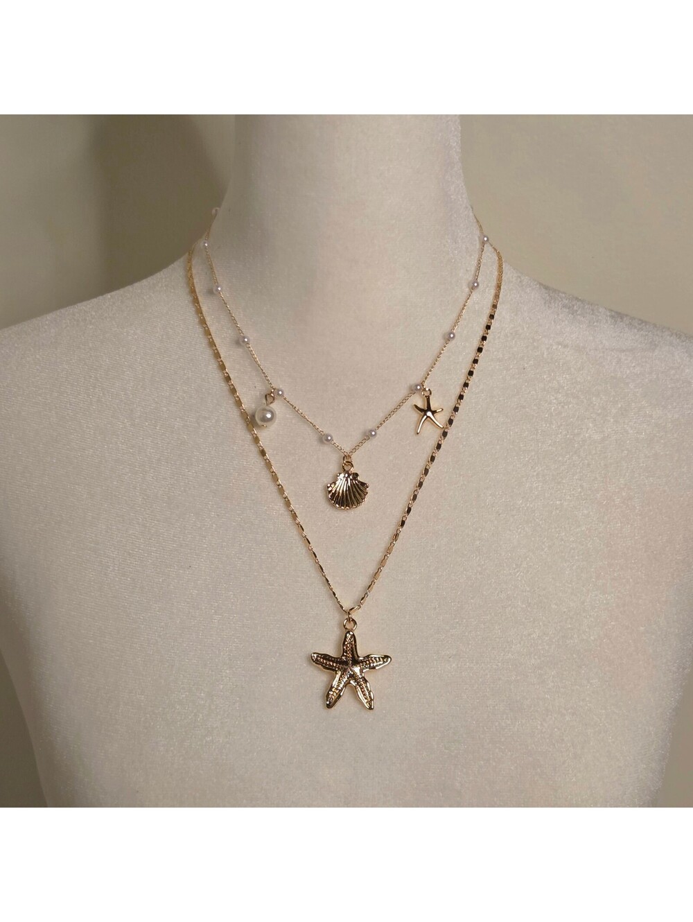 Gold Mermaid Beach Layered Necklace Set w/ Starfish Seashell & Pearl Charms